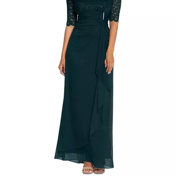 BETSY & ADAM Women's Lace-Top Waterfall-Detail Gown Pine 4 - Picture 3 of 3